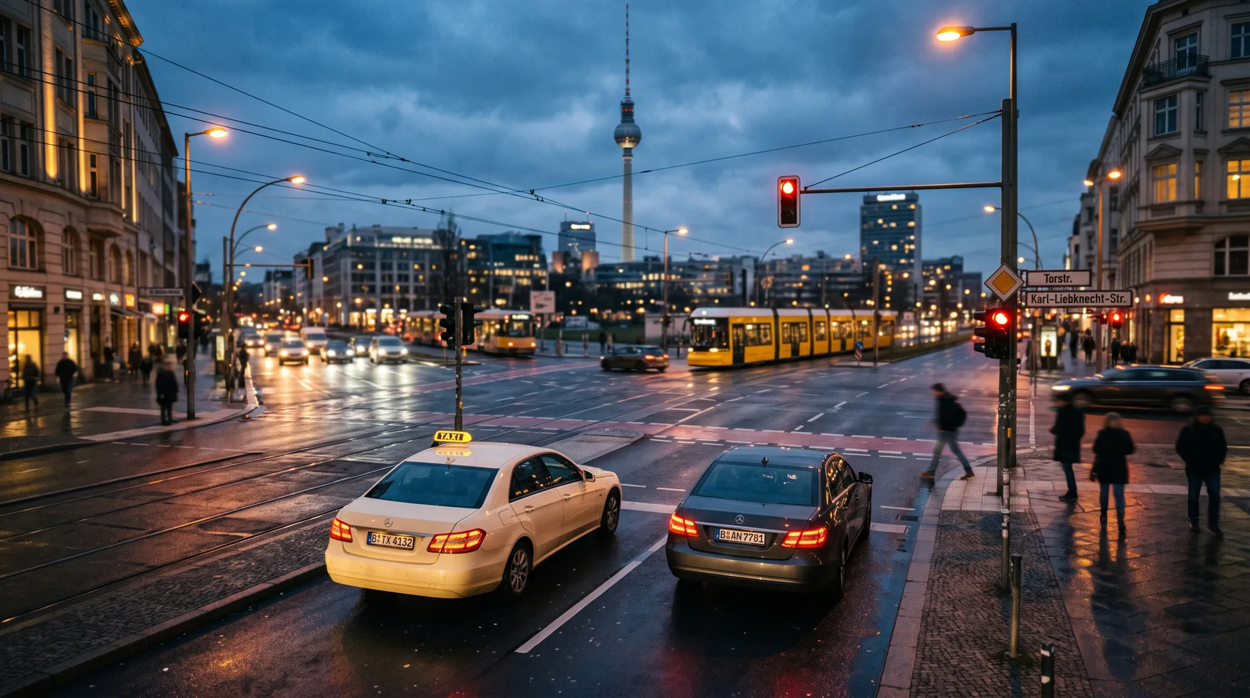 Taxis warten abends an einer Kreuzung in Berlin-Mitte, im Hintergrund der Fernsehturm