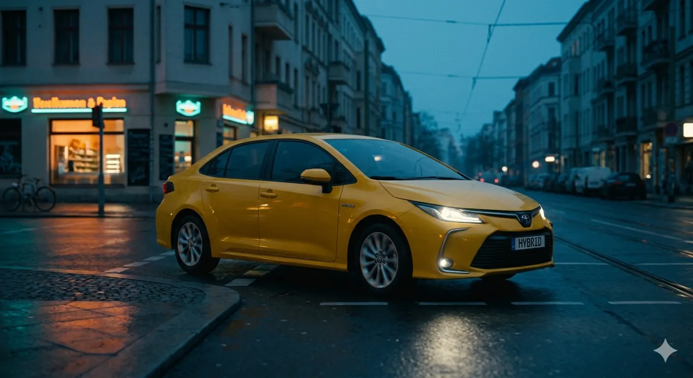 Hybrid Taxi pulling out at dusk in Berlin